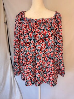 POPSUGAR Floral Peasant Tunic in Red, Blue, and Black, 3/4 Sleeve